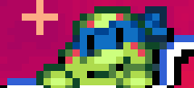A small Leonardo (ROTTMNT) sprite from the game TMNT: Shredder's Revenge. He is smiling and holding onto a small bar.